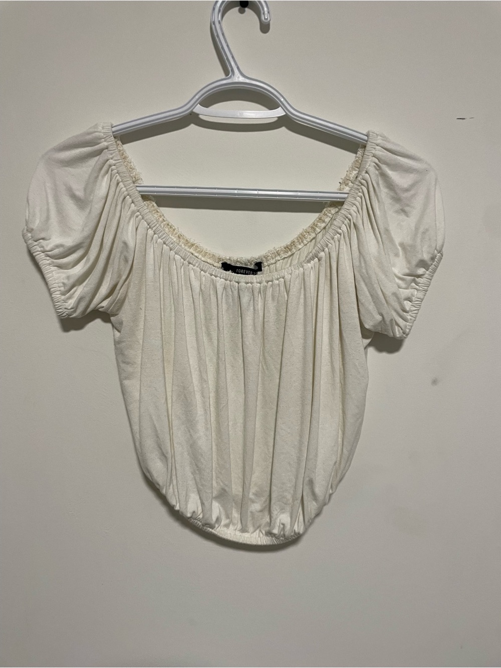Forever 21 Cream Off-Shoulder Smocked Crop Top